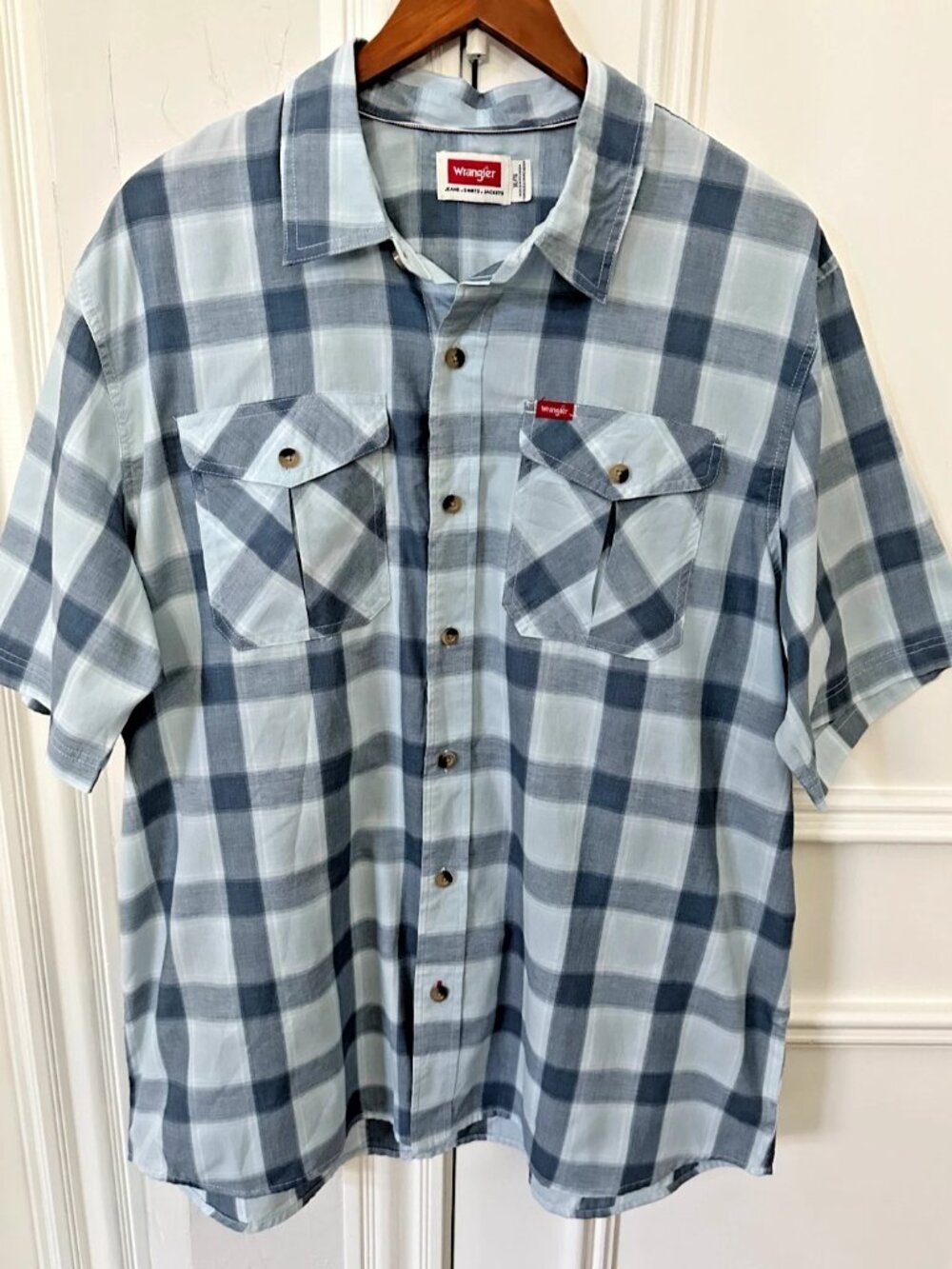 Wrangler Men's XL Plaid Shirt Blue Short Sleeve Western Workwear Cowboy